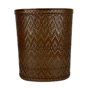 Vintage Brown Woven Straw Wrapped Metal Waste Basket Oval Trash Can 1970s